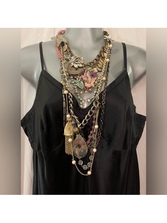Layered Hand Made Vintage Style Necklace Bohemian Jewelry - Layered Hand Made Gold Necklace with Gold Tones and Pink Floral Accents